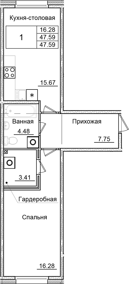 1-комнатная квартира 47.59 м², 1/9 эт., ЖК «Квартал Заречье»